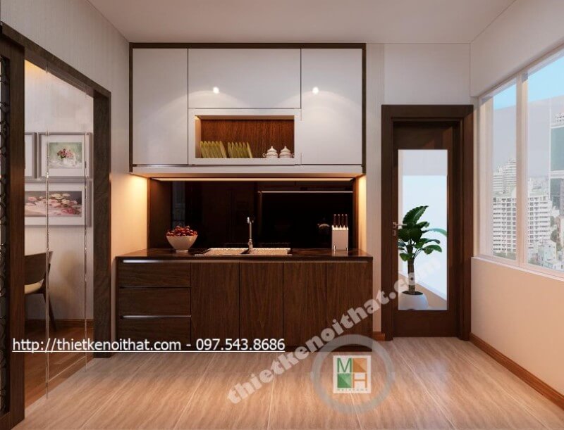 Thiết kế phòng bếp chung cư gọn gàng đơn giản mà vẫn đảm bảo được tính tiện nghi của nội thất Thiết kế nội thất phòng bếp