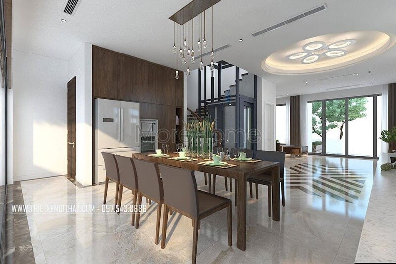Thiết kế nội thất phòng ăn biệt thự đẳng cấp với sự xuất hiện của bộ bàn ăn gỗ tự nhiên tạo điểm nhấn nổi bật cuốn hút Thiết kế nội thất phòng ăn biệt thự