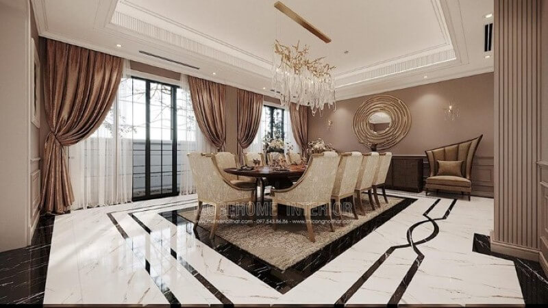 Mẫu đèn thả bàn ăn pha lê kiểu dáng mới lạ đã tạo nên vẻ đẹp cuốn hút, sang trọng cho không gian đương đại. Thiết kế nội thất phòng ăn biệt thự