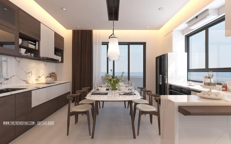 Trang trí nội thất phòng bếp ăn hiện đại sang trọng, độc đáo với điểm nhấn gỗ óc chó từ tủ bếp, bộ bàn ăn,bàn đảo bếp. Thiết kế nội thất phòng ăn biệt thự