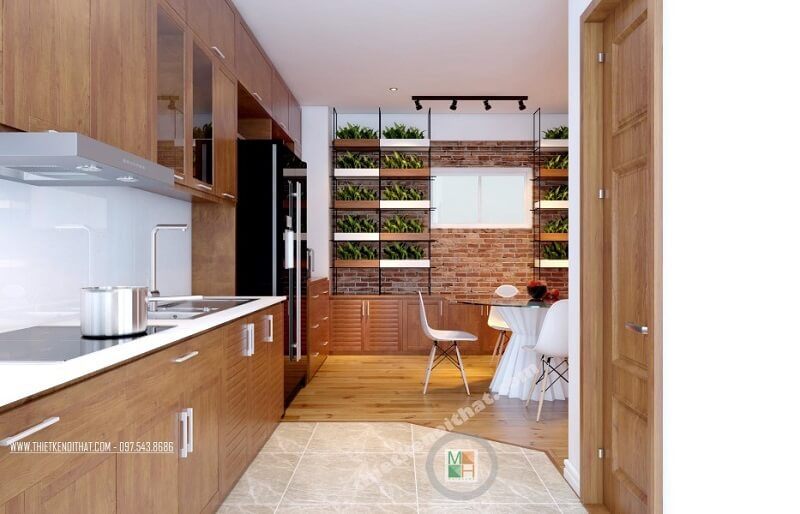 Mẫu thiết kế nội thất phòng bếp chung cư đẹp tiện nghi với đồ nội thất gỗ hiện đại cao cấp và tận dụng tối đa ánh sáng tự nhiên