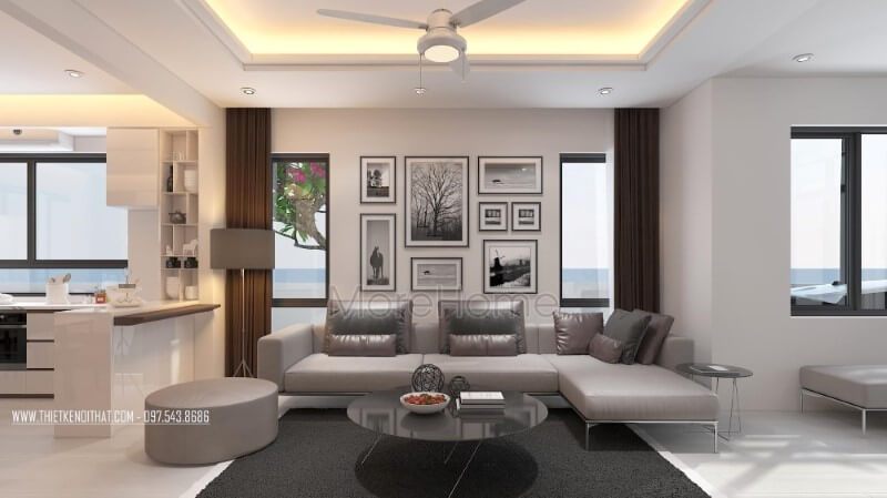 Ấn tượng với thiết kế sofa hiện đại kiểu dáng góc tiện lợi cùng tone màu xám bóng sang trọng của chất liệu da cao cấp của phòng khách biệt thự, nhà phố