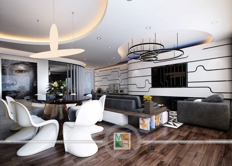Mẫu thiết kế chung cư cao cấp với màu sắc chủ đạo là màu nâu veneer trầm mang đến cảm giác sang trọng và ấm cúng cho không gian nhà.