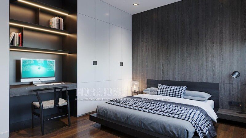 Trang trí phòng ngủ con có góc học tập ấn tượng với nội thất gỗ công nghiệp sang trọng.
