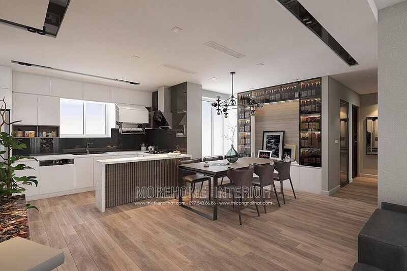 Thiết kế nội thất phòng bếp cao cấp với hệ tủ bếp acrylic thông minh cùng bộ bàn ăn gỗ tự nhiện cho căn hộ chung cư thêm sang trọng, đẳng cấp