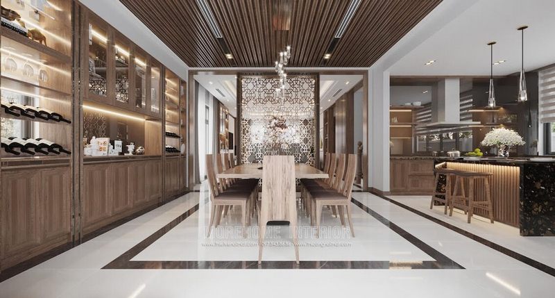 Mẫu thiết kế nội thất phòng bếp sang trọng với tông màu gỗ óc chó cuốn hút mọi ánh nhìn