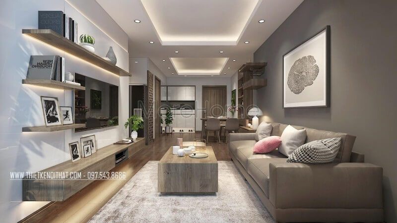 Hệ thống kệ tivi được làm từ gỗ công nghiệp với thiết kế đơn giản, kết hợp hệ kệ trang trí 3 ấn tượng
