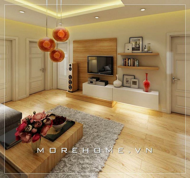 Kệ tủ tivi ốp tường kết hợp kệ trang trí gỗ công nghiệp hiện đại, đơn giản và ấn tượng cho không gian phòng khách chung cư
