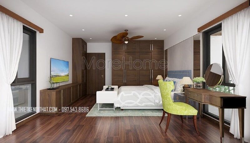 Vẻ đẹp sang trọng và độc đáo đã được tạo ra trong phong cách hiện đại của phòng ngủ vợ chồng bởi các mặt hàng nội thất gỗ như sàn gỗ, bộ bàn ghế trang điểm, tủ quần áo, kệ tivi, cửa gỗ óc chó, mặc dù các sản phẩm nội thất gỗ công nghiệp là lựa chọn phổ biến.