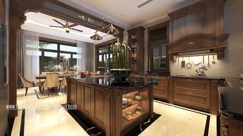 Thiết kế tủ bếp của Vinhomes Greenbay Hà Nội được làm bằng gỗ óc chó với phong cách tân cổ điển tinh tế sang trọng.