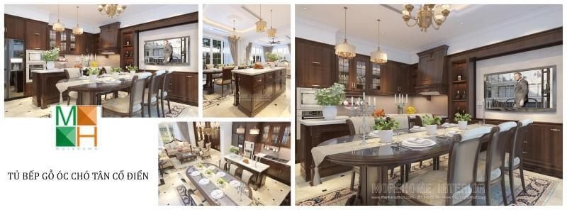 Nội thất Morehome chào đón bạn với dịch vụ thiết kế và thi công sản xuất các mẫu tủ bếp tân cổ điển bằng gỗ tự nhiên óc chó.
